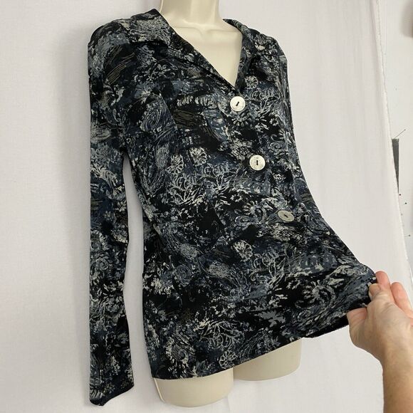 Chicos Travelers Shacket Top Size 1 Small Medium Blue Silver Metallic Paisley - Picture 3 of 12